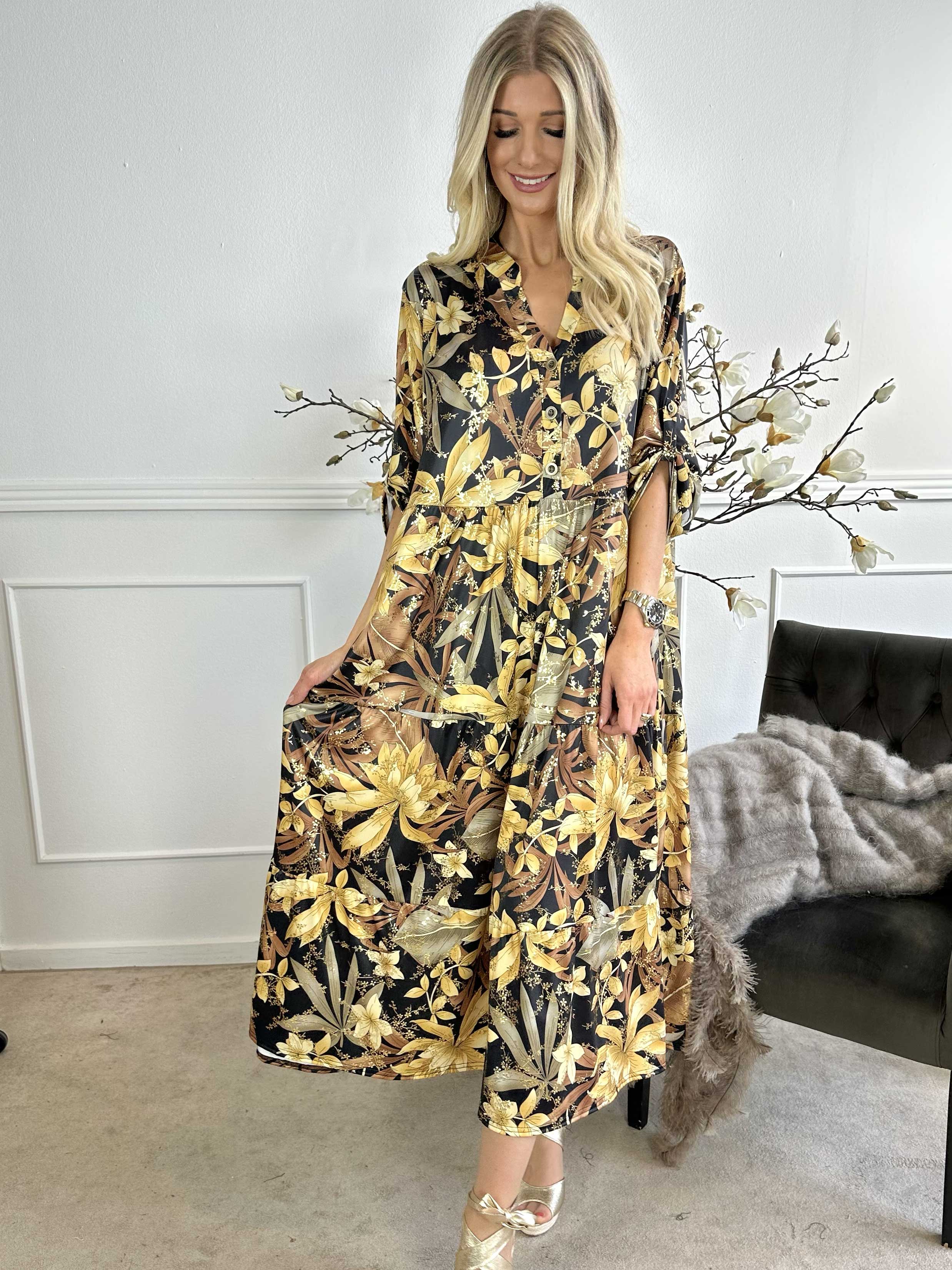 Milano Gold Flower - Lang blomstret kjole med lag på lag look